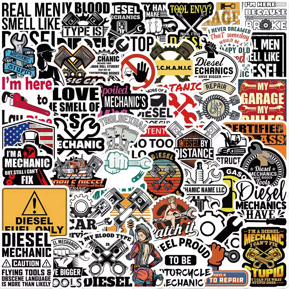 50Pcs Diesel Engine Mechanic PVC Graffiti Decorative Sticker Packs for Laptop Notebook Water Bottle Cup Helmet Bike Luggage