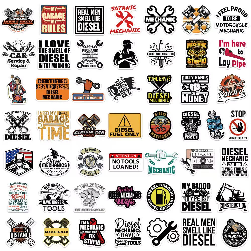 50Pcs Diesel Engine Mechanic PVC Graffiti Decorative Sticker Packs for Laptop Notebook Water Bottle Cup Helmet Bike Luggage