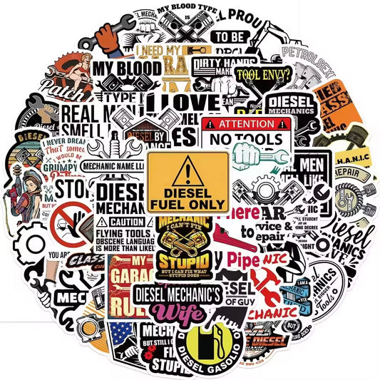 50Pcs Diesel Engine Mechanic PVC Graffiti Decorative Sticker Packs for Laptop Notebook Water Bottle Cup Helmet Bike Luggage