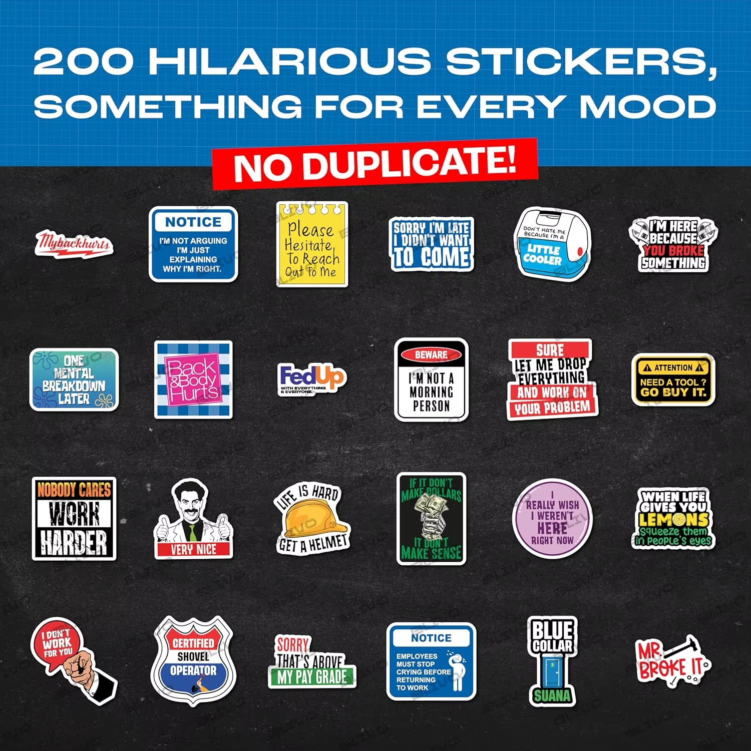 200 PCS Vinyl Hard Hat Stickers for Adults (No Duplicates)-Sarcastic Meme Funny Design Fade Resistant Removable Blue Collar