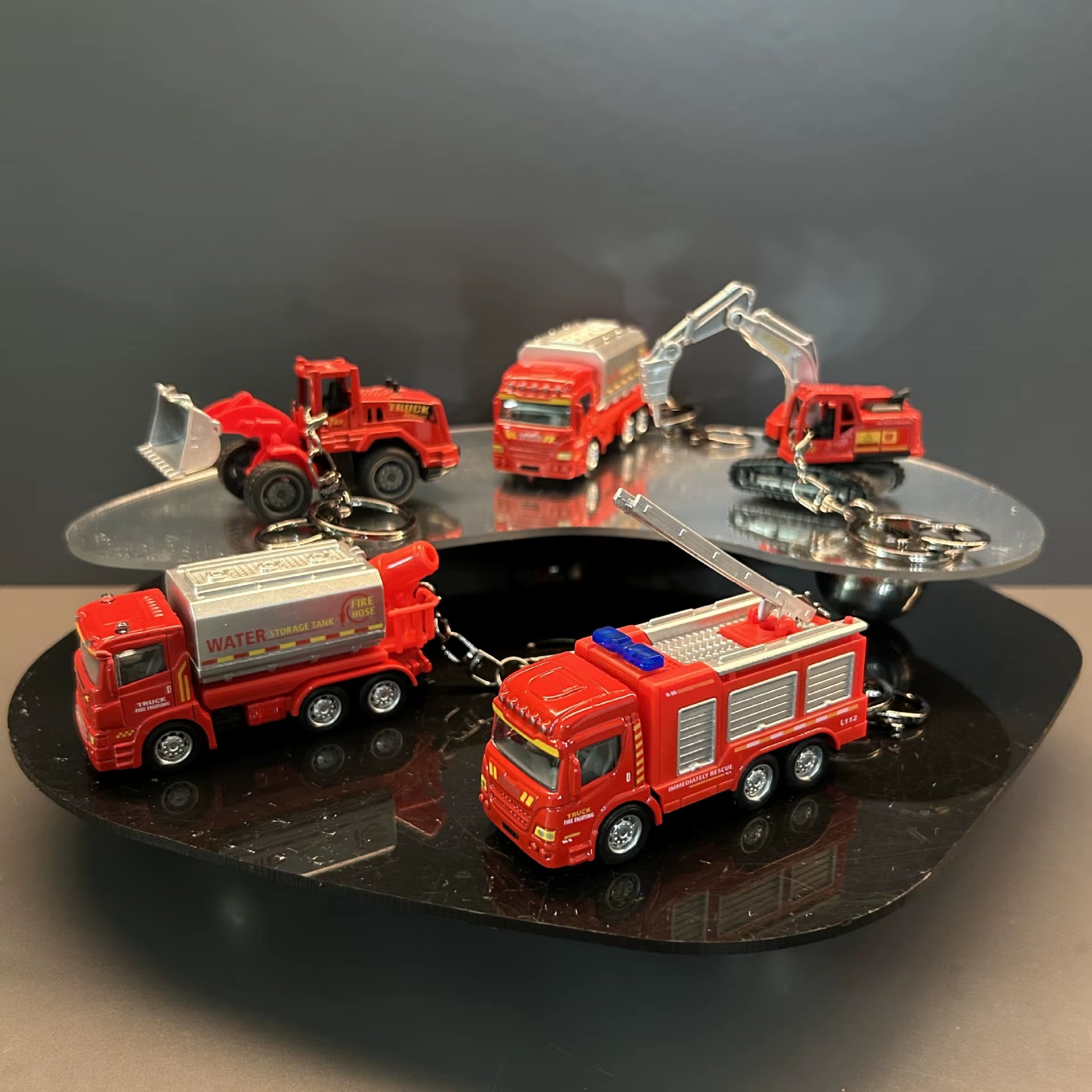 Mini Fire Water Vehicle Excavator Sliding Alloy Car Model Keychain Schoolbag Pendant Car Key Chain Gift