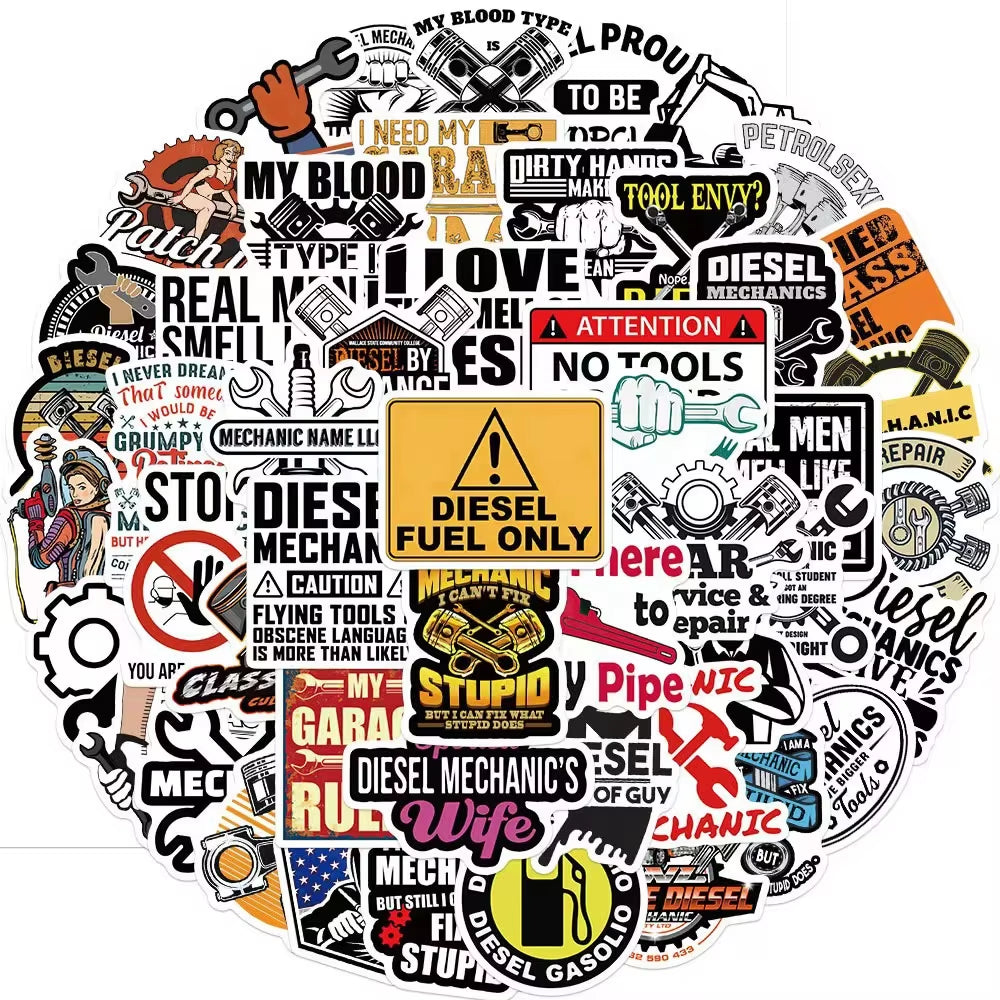 50Pcs Diesel Engine Mechanic PVC Graffiti Decorative Sticker Packs for Laptop Notebook Water Bottle Cup Helmet Bike Luggage