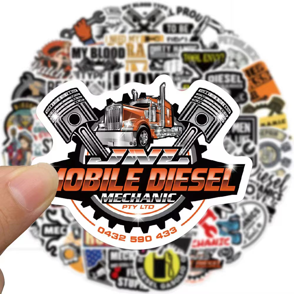 50Pcs Diesel Engine Mechanic PVC Graffiti Decorative Sticker Packs for Laptop Notebook Water Bottle Cup Helmet Bike Luggage