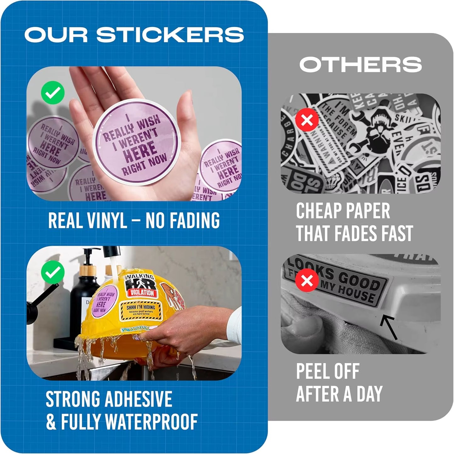 200 PCS Vinyl Hard Hat Stickers for Adults (No Duplicates)-Sarcastic Meme Funny Design Fade Resistant Removable Blue Collar