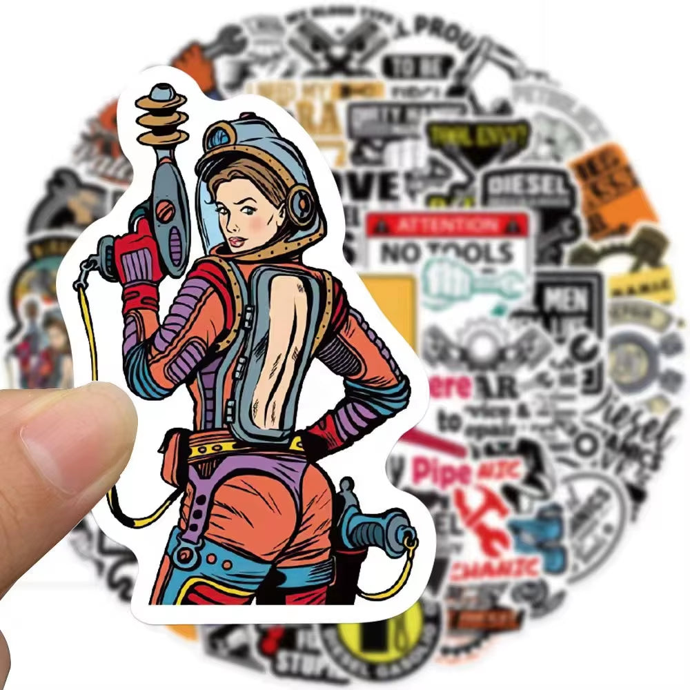 50Pcs Diesel Engine Mechanic PVC Graffiti Decorative Sticker Packs for Laptop Notebook Water Bottle Cup Helmet Bike Luggage